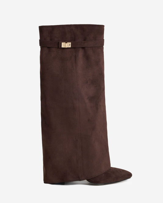 VALMONT Suede Fold-Over Knee High Boots - Dark Brown