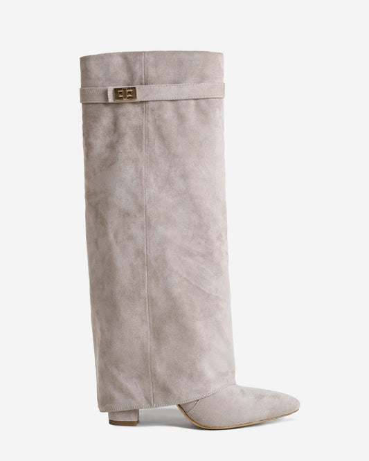 VALMONT Suede Fold-Over Knee High Boots - Taupe