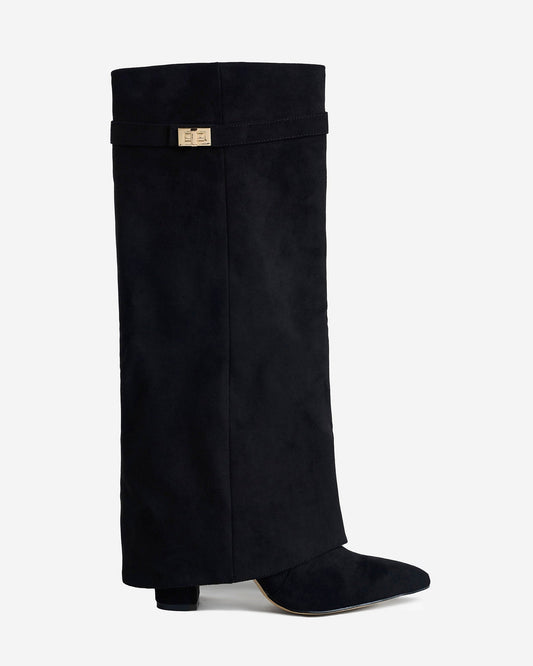 VALMONT Suede Fold-Over Knee High Boots - Black