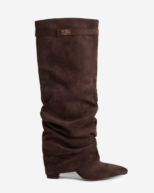 SÉVIGNÉ Slouchy Suede Knee High Boots - Dark Brown