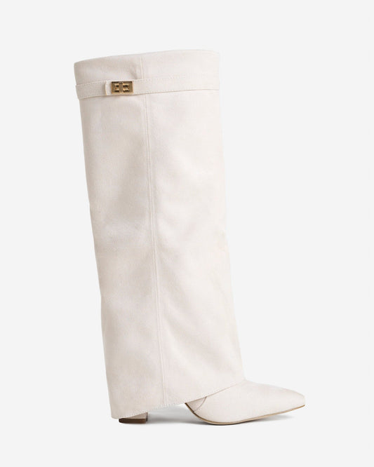 VALMONT Suede Fold-Over Knee High Boots - Cream