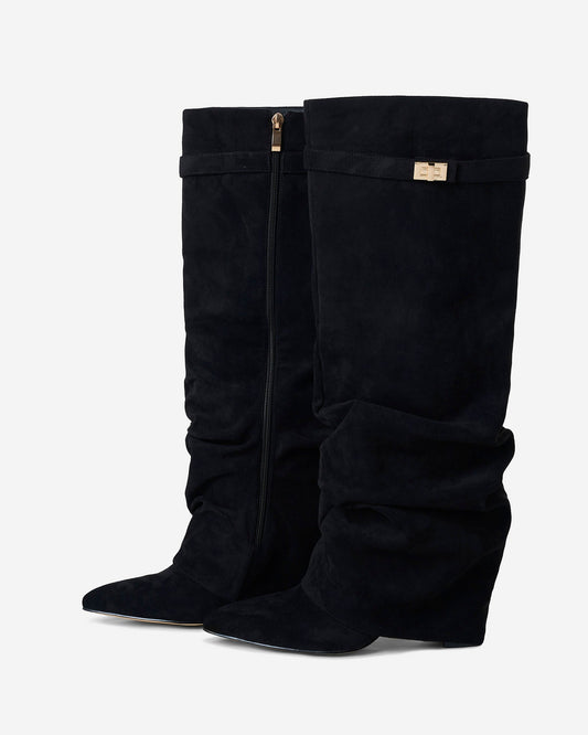 SÉVIGNÉ Slouchy Suede Knee High Boots - Black