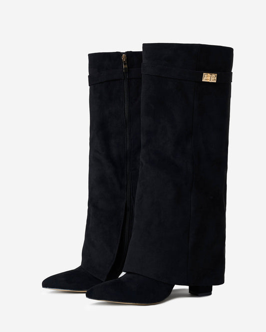 VALMONT Fold-Over Suede Knee High Boots - Black