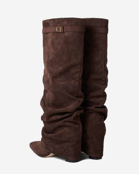 SÉVIGNÉ Slouchy Suede Knee High Boots - Dark Brown