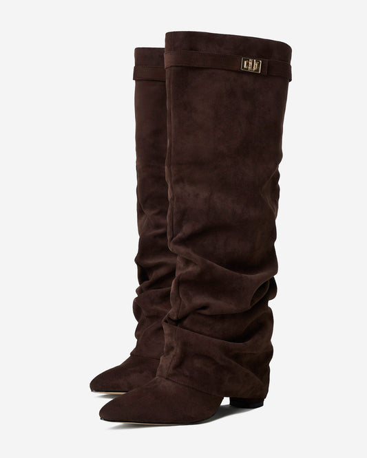 SÉVIGNÉ Slouchy Suede Knee High Boots - Dark Brown