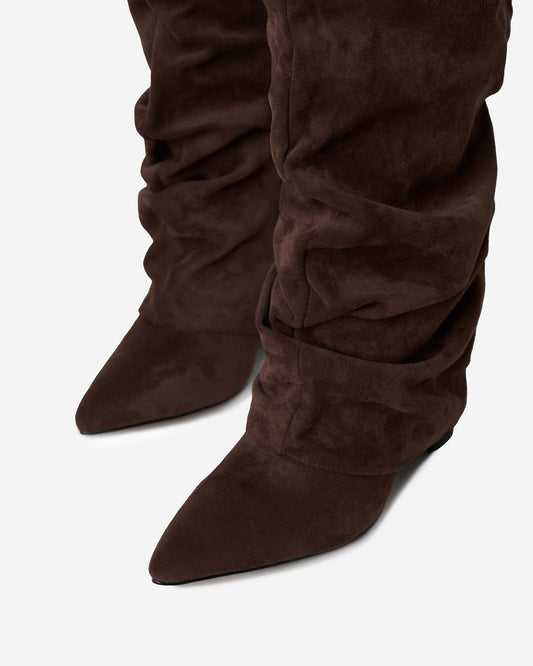 SÉVIGNÉ Slouchy Suede Knee High Boots - Dark Brown