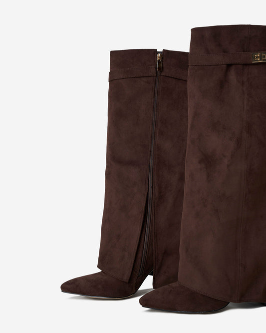 VALMONT Suede Fold-Over Knee High Boots - Dark Brown