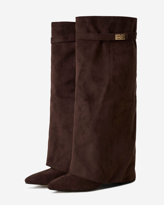 VALMONT Suede Fold-Over Knee High Boots - Dark Brown