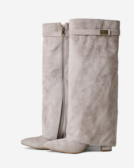 VALMONT Suede Fold-Over Knee High Boots - Taupe