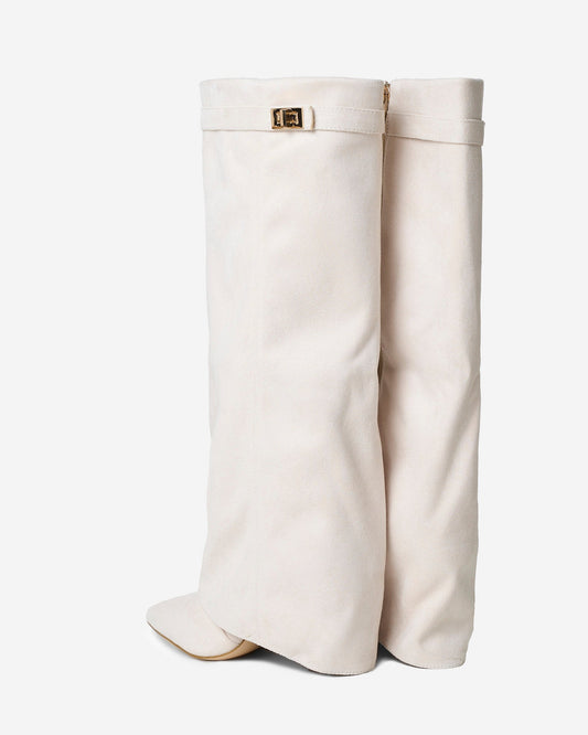 VALMONT Suede Fold-Over Knee High Boots - Creamy