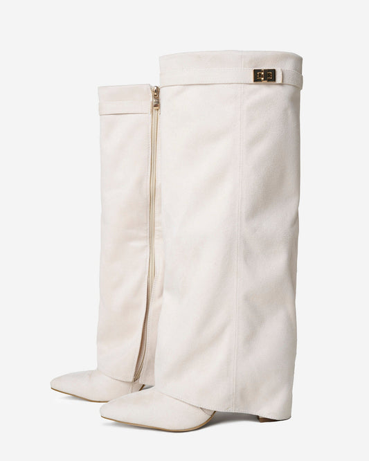 VALMONT Suede Fold-Over Knee High Boots - Creamy