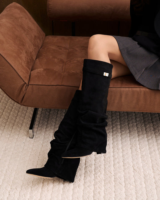 SÉVIGNÉ Slouchy Suede Knee High Boots - Black
