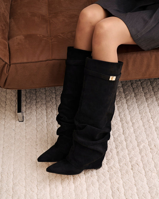 SÉVIGNÉ Slouchy Suede Knee High Boots - Black