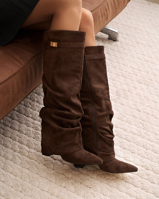 SÉVIGNÉ Slouchy Suede Knee High Boots - Dark Brown