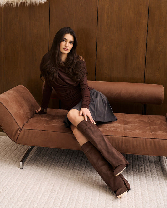 VALMONT Suede Fold-Over Knee High Boots - Dark Brown