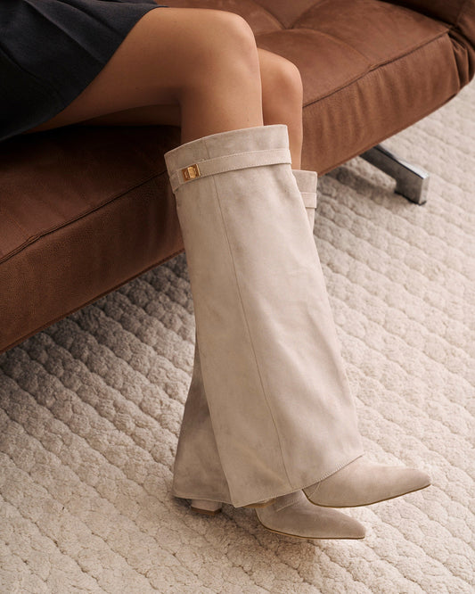 VALMONT Suede Fold-Over Knee High Boots - Taupe