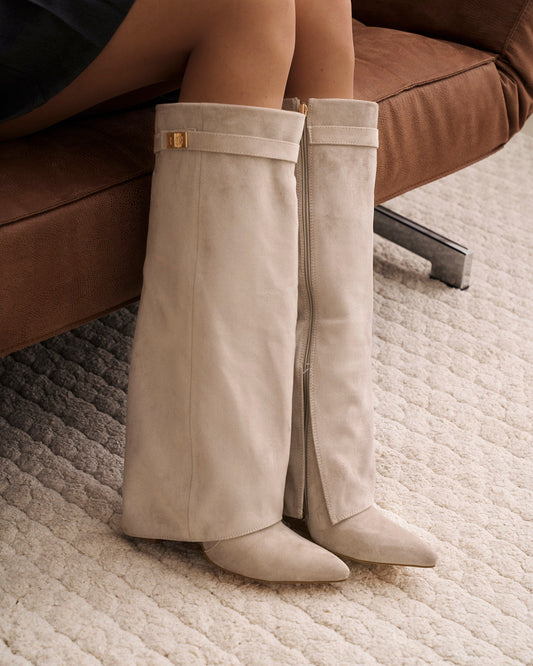 VALMONT Suede Fold-Over Knee High Boots - Taupe