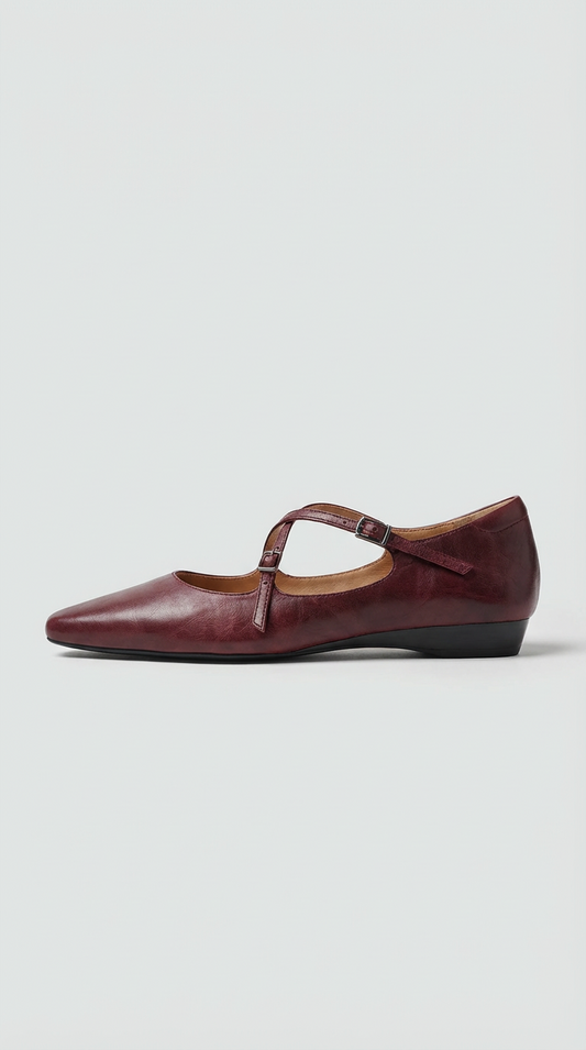LORÉVA Leather Cross-Strap Almond Toe Ballet Flats