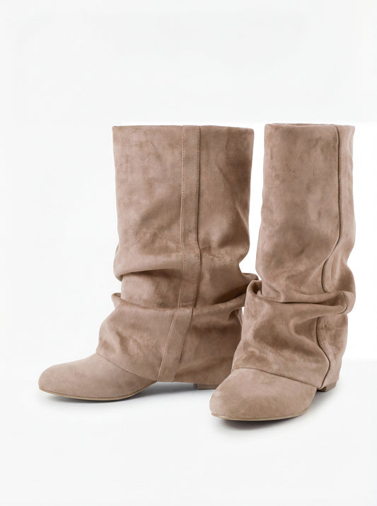 CAPUCINE Slouchy Suede Mid-Calf Boots - Beige