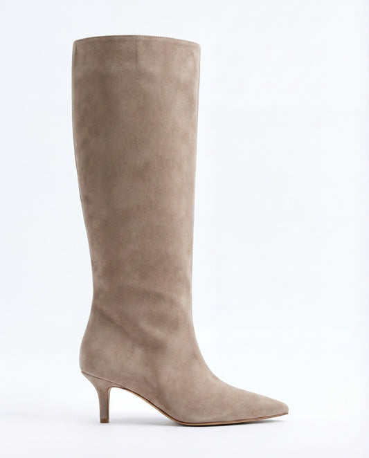 LORÉINE Pointed Toe Suede Knee High Boots - Beige