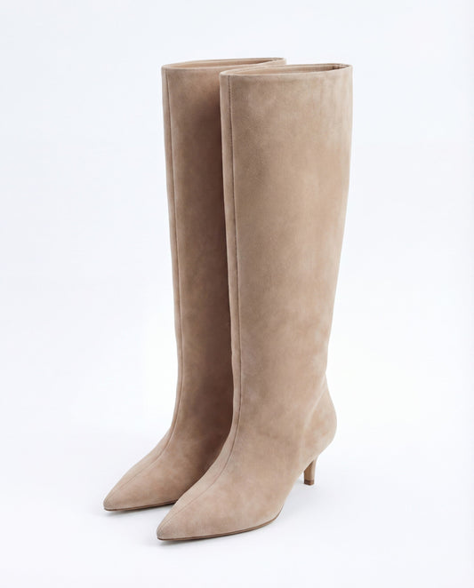 LORÉINE Pointed Toe Suede Knee High Boots - Beige