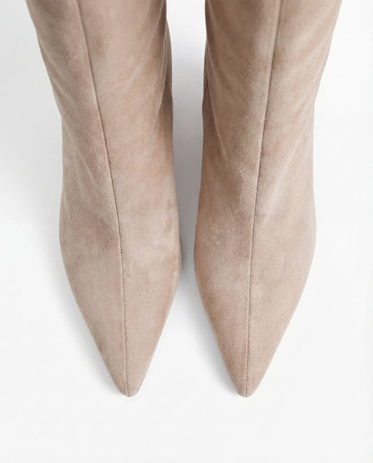 LORÉINE Pointed Toe Suede Knee High Boots - Beige