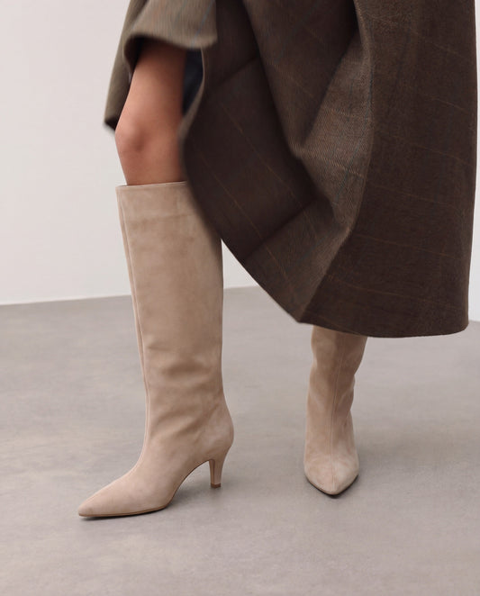 LORÉINE Pointed Toe Suede Knee High Boots - Beige