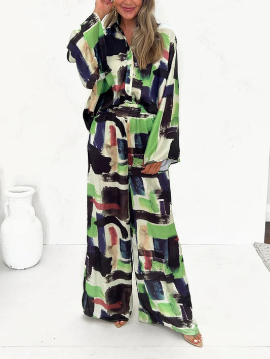 Summer Vacay Print Elastic Waist Pants Set, Summer Resort Vacation Outfit