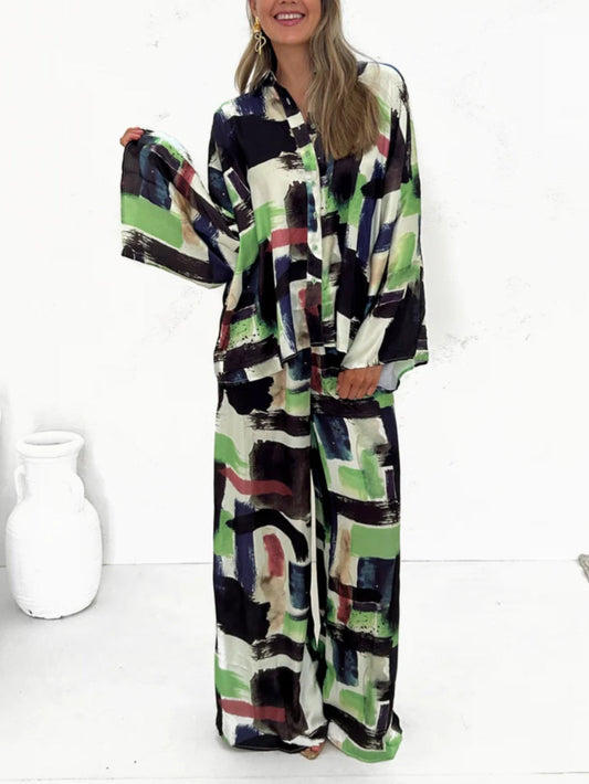 Summer Vacay Print Elastic Waist Pants Set, Summer Resort Vacation Outfit