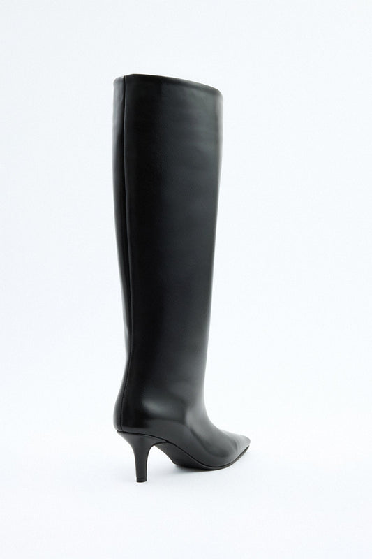SANCERRE Pointed Toe Leather Knee High Boots - Black