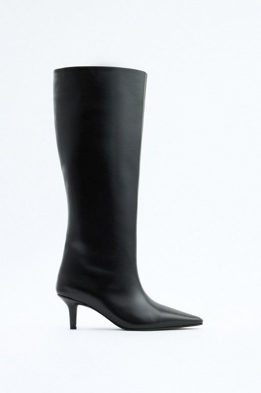 SANCERRE Pointed Toe Leather Knee High Boots - Black