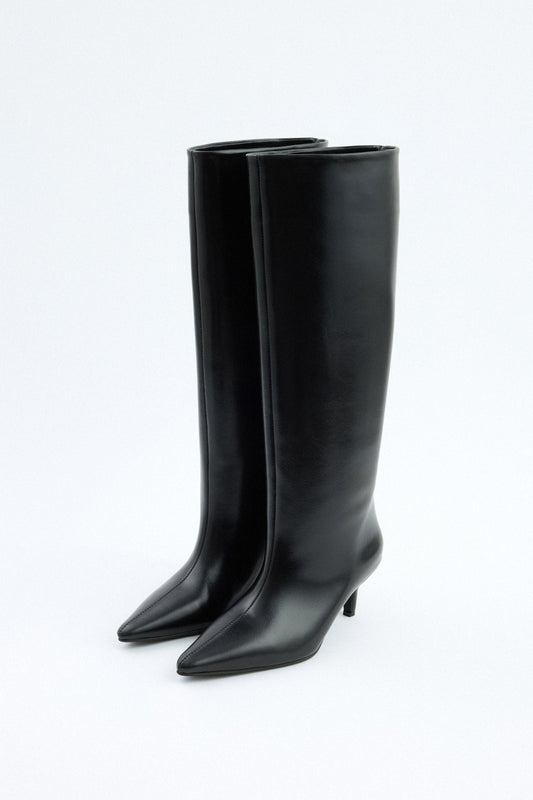SANCERRE Pointed Toe Leather Knee High Boots - Black