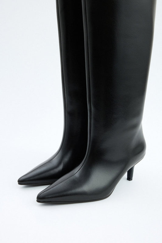 SANCERRE Pointed Toe Leather Knee High Boots - Black