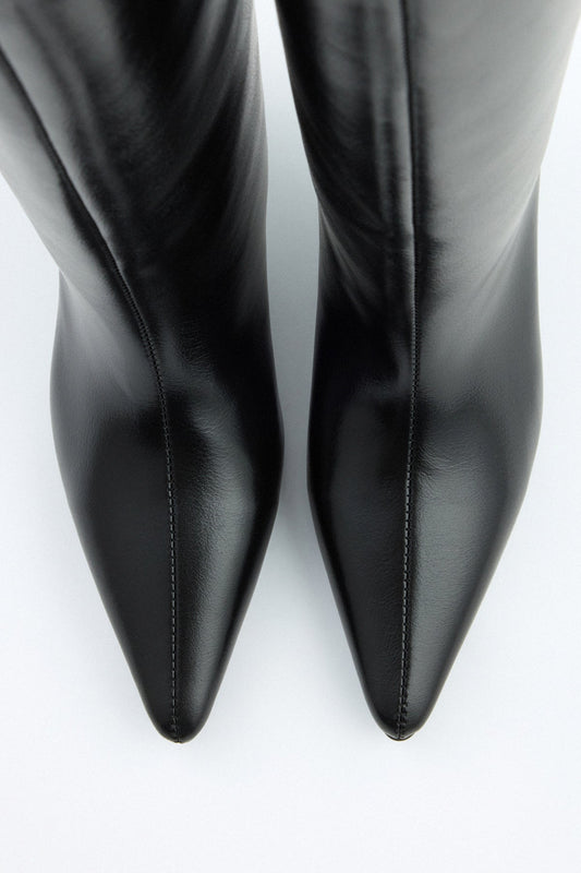 SANCERRE Pointed Toe Leather Knee High Boots - Black