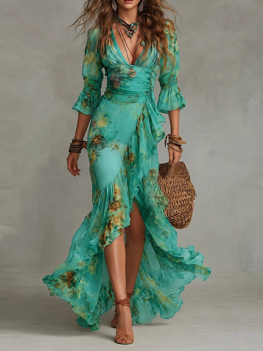 Bohemian Floral Print V-Neck Ruched Waist Asymmetric Maxi Dress