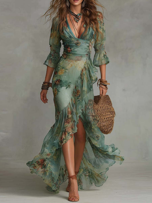 Bohemian Floral Print V-Neck Ruched Waist Asymmetric Maxi Dress