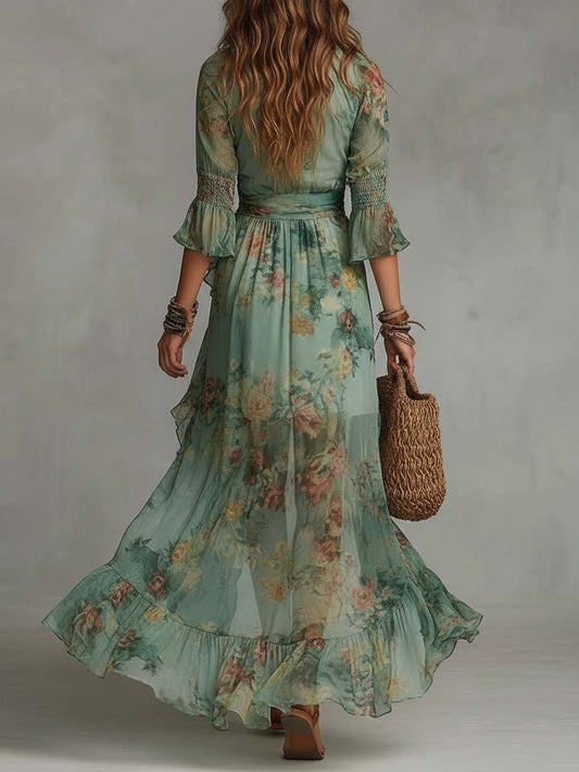 Bohemian Floral Print V-Neck Ruched Waist Asymmetric Maxi Dress