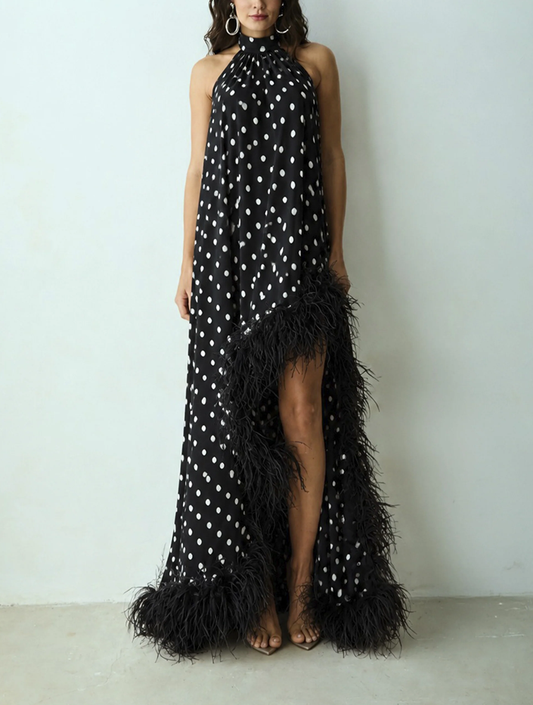 Black & White Polka Dot Maxi Dress - Feather Trim High-Low Halter Gown