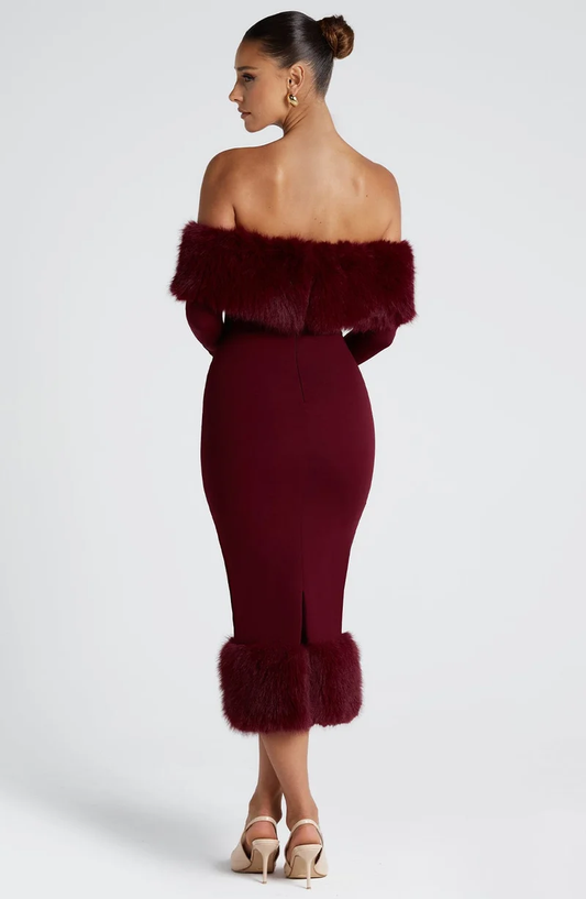 Off-The-Shoulder Faux Fur Trim Midi Dress