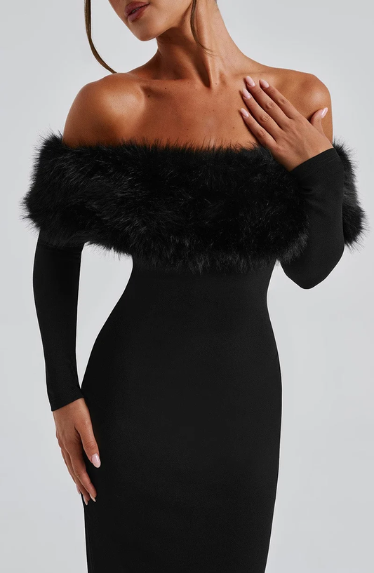Off-The-Shoulder Faux Fur Trim Midi Dress