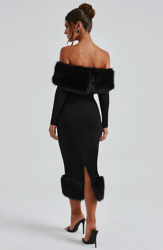 Off-The-Shoulder Faux Fur Trim Midi Dress