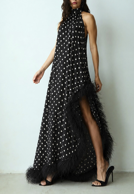 Black & White Polka Dot Maxi Dress - Feather Trim High-Low Halter Gown