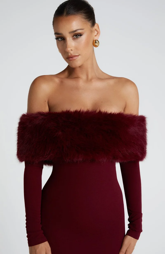 Off-The-Shoulder Faux Fur Trim Midi Dress