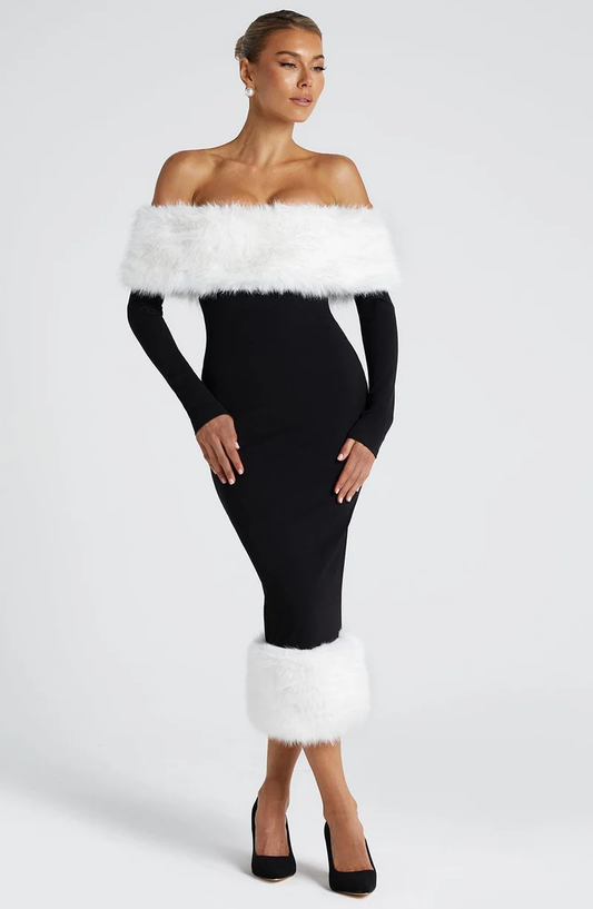 Off-The-Shoulder Faux Fur Trim Midi Dress