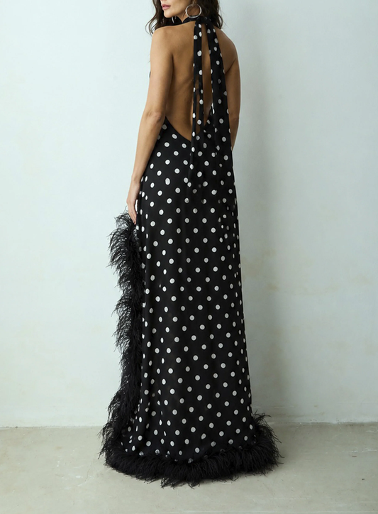 Black & White Polka Dot Maxi Dress - Feather Trim High-Low Halter Gown