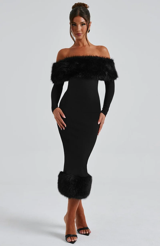 Off-The-Shoulder Faux Fur Trim Midi Dress