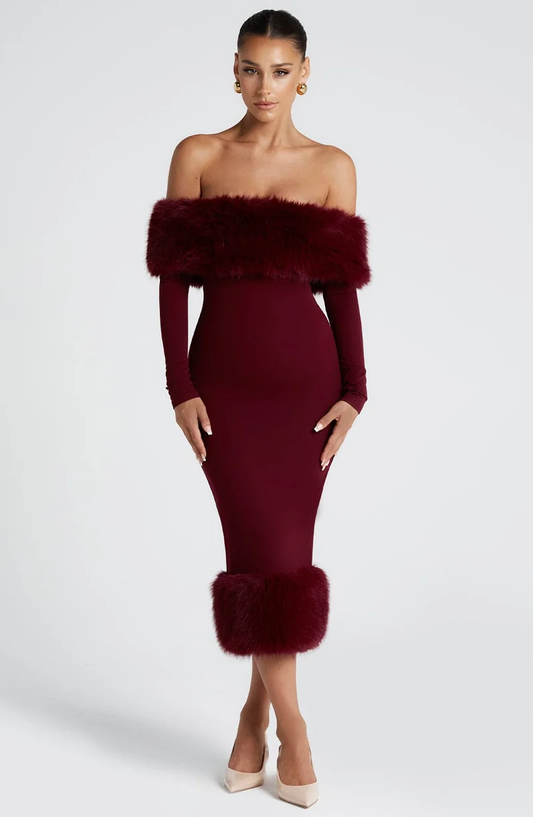 Off-The-Shoulder Faux Fur Trim Midi Dress