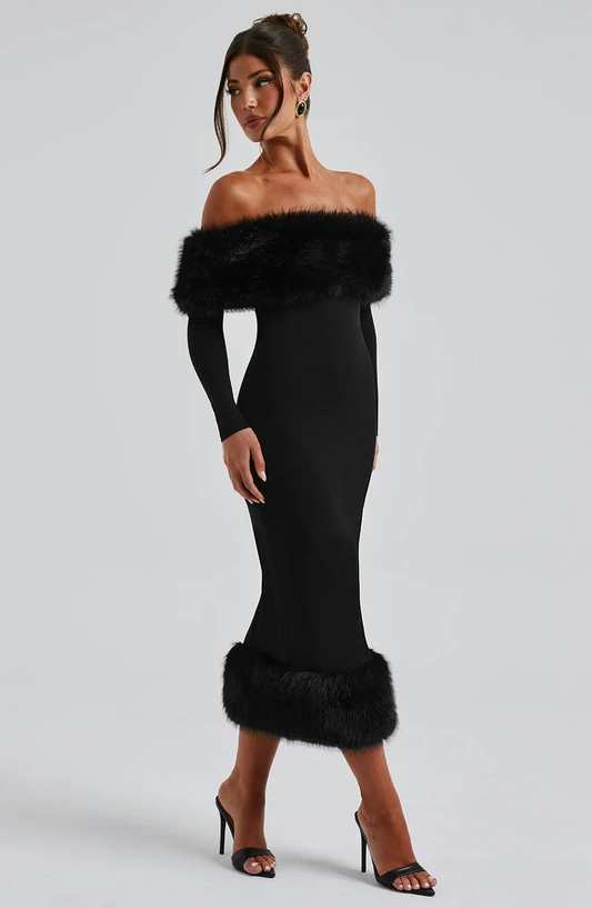 Off-The-Shoulder Faux Fur Trim Midi Dress