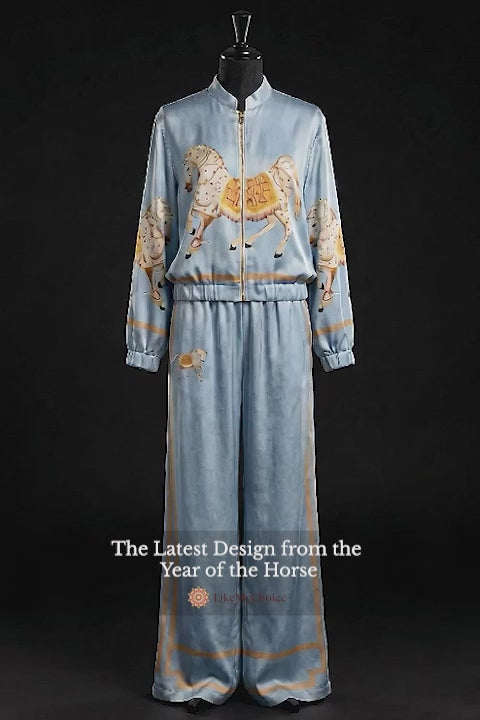 Exquisite Satin Horse Print Zip Jacket & Wide-Leg Pants Two-Piece Set
