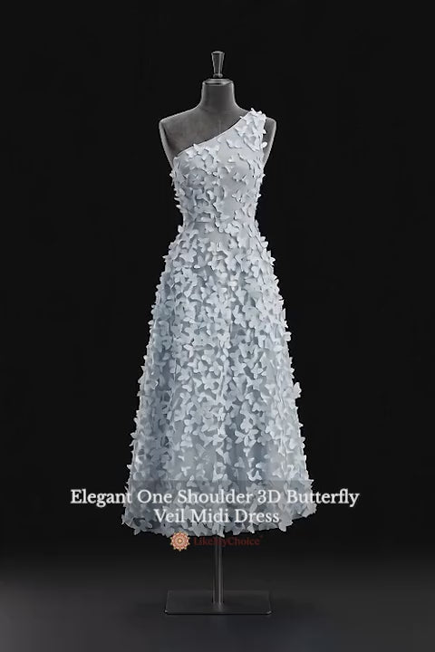 Elegant One Shoulder 3D Butterfly Veil Midi Dress